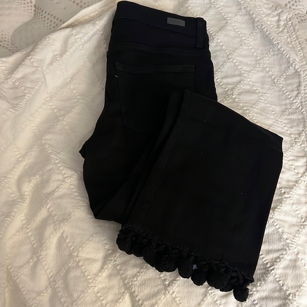Black Denim Cropped w/ Pom Pom Hem
